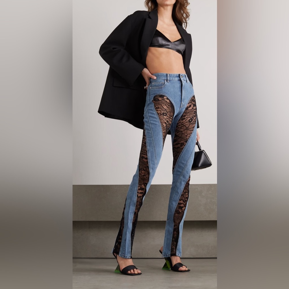 Mugler~ Lace Illusion Jeans 
Cutout Lace Panels Avant Garde Denim